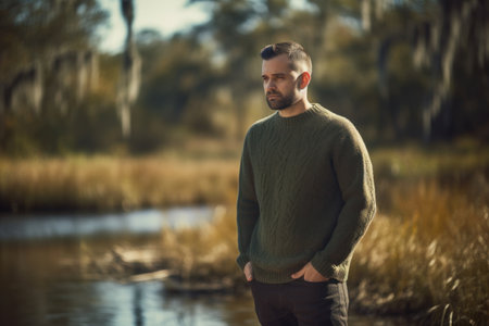 Handsome young man in a green sweater standing by the riverの素材