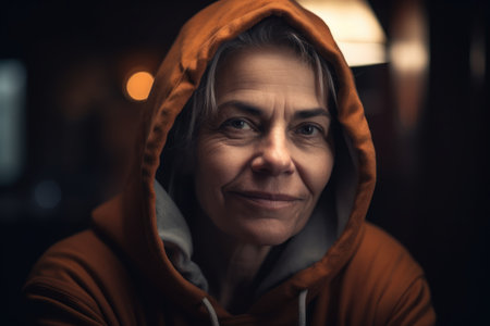 Portrait of a senior woman in a hoodie looking at the cameraの素材