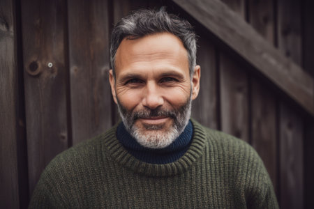 Portrait of handsome mature man in sweater standing against wooden wall outdoorsの素材