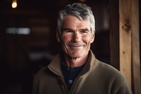Portrait of smiling senior man standing against wooden planks at homeの素材