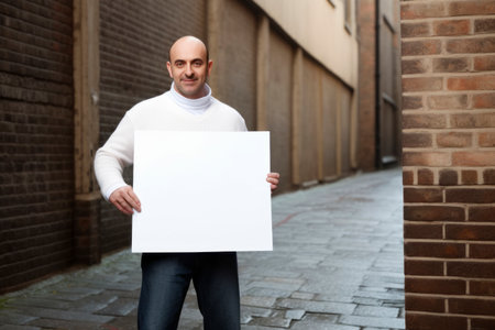 Handsome man holding a white sheet of paper on the streetの素材