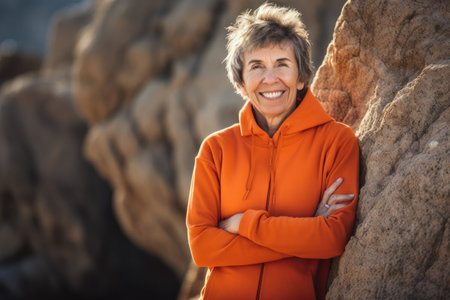 Portrait of smiling senior woman standing with arms crossed on rock at beachの素材