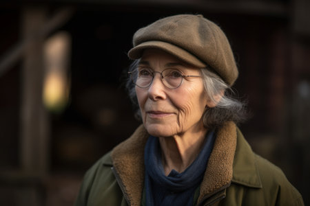 Portrait of a senior woman with glasses and a cap on the streetの素材