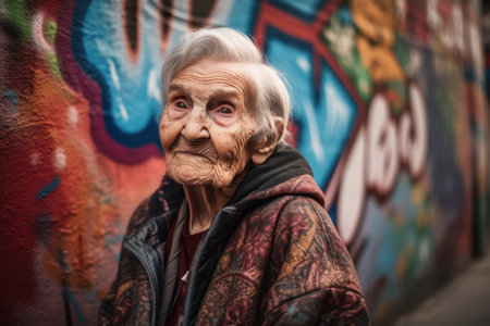 Portrait of an elderly woman in front of a graffiti wall.の素材