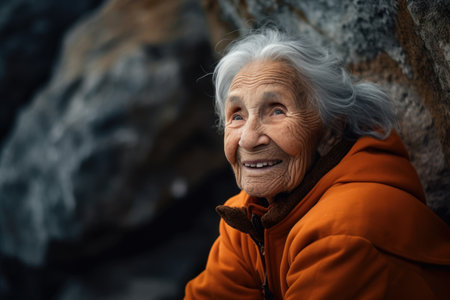 Portrait of an elderly woman in an orange jacket on the rocksの素材