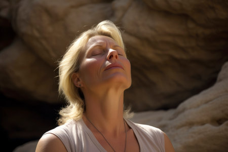 Portrait of a beautiful young blond woman with closed eyes in the desertの素材