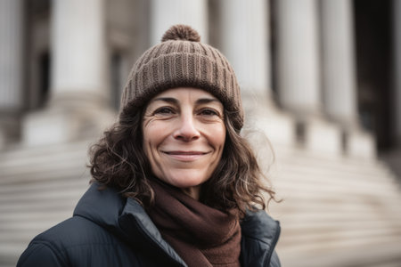 Portrait of smiling middle-aged woman in hat and scarf outdoorsの素材