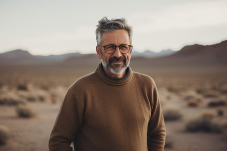 Portrait of senior man with eyeglasses standing in the desertの素材