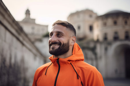 Portrait of a handsome bearded man in an orange jacket on the street.の素材