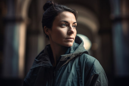 Portrait of a beautiful young woman in a winter jacket in the cityの素材