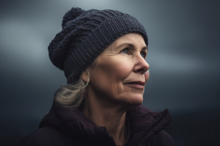 Portrait of a senior woman in winter clothes on a foggy dayの素材