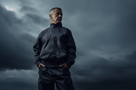 Athletic man in black sportswear standing against stormy skyの素材