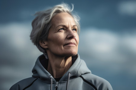 Portrait of a beautiful senior woman in sportswear against cloudy skyの素材