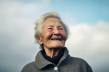 Portrait of happy senior woman smiling against cloudy sky. Elderly people lifestyle concept.の素材