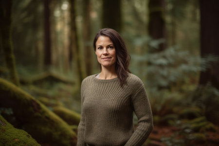Portrait of a beautiful young woman standing in a forest with moss.の素材