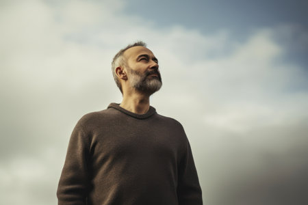 Portrait of a bearded man in a gray sweater against the sky.の素材