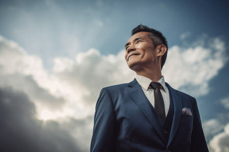 Businessman in blue suit smiling and looking up with cloudy sky backgroundの素材