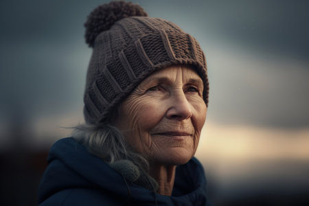 Portrait of a beautiful senior woman in winter hat. Selective focus.の素材