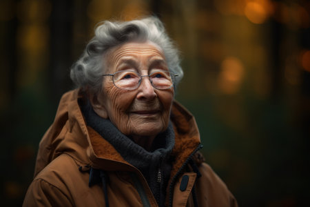 Portrait of an elderly woman with glasses in the autumn park.の素材