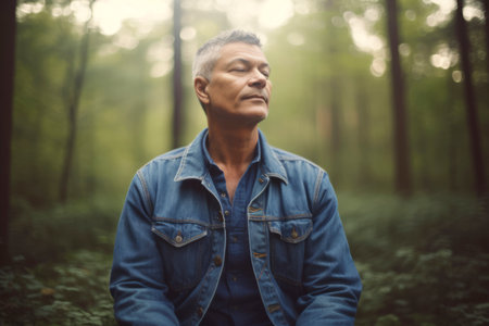 Portrait of asian man wearing jeans jacket in the forest.の素材