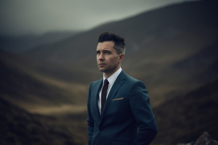 Portrait of a handsome young man in a blue suit on a background of mountainsの素材