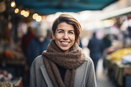 Portrait of a smiling young woman wearing coat and scarf at street marketの素材