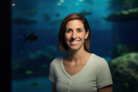 Portrait of a woman looking at the camera in an aquarium.の素材