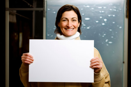 Mature woman holding a white sheet of paper in front of herの素材