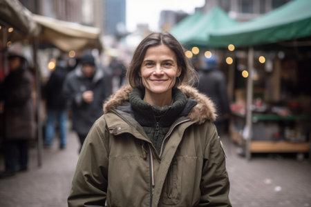 Portrait of a smiling young woman in the street at Christmas timeの素材