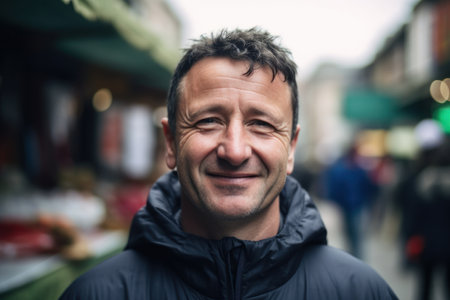 Portrait of a smiling middle-aged man in the city.の素材