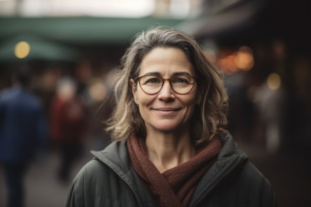 Portrait of a smiling middle-aged woman with glasses in the cityの素材