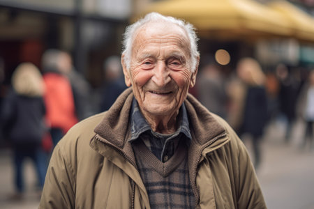 Portrait of an elderly man in the city. Shallow depth of field.の素材