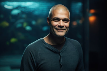 Portrait of a handsome bald man in a dark room looking at the cameraの素材