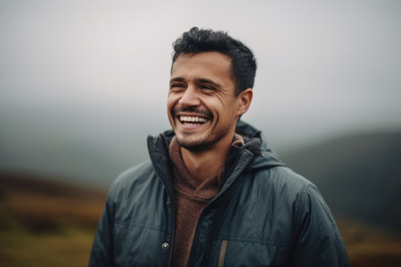 Portrait of a handsome young man smiling while standing in the mountainsの素材