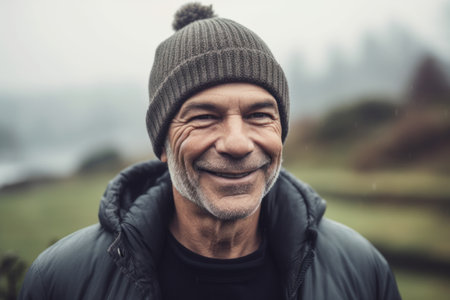 Portrait of a smiling senior man standing in the rain, looking at cameraの素材