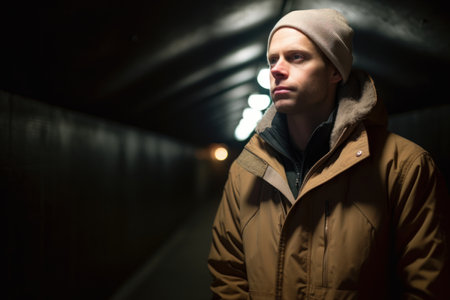 Portrait of a young man in a tunnel with lights in the backgroundの素材