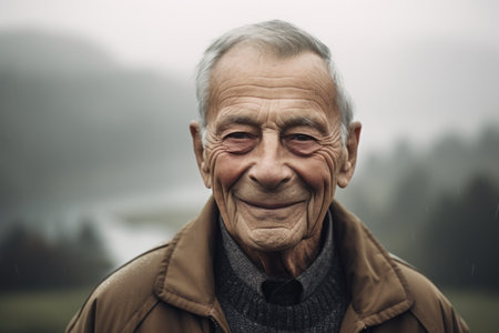 Portrait of an elderly man in the rain on a foggy dayの素材
