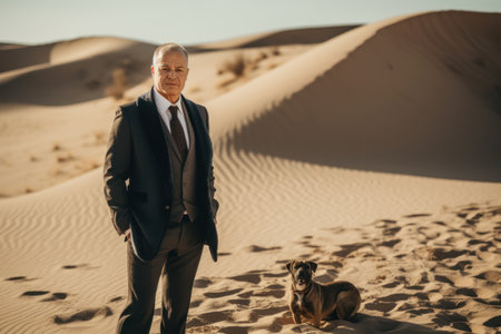 Senior man walking in the desert with his dachshund dogの素材