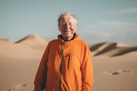 Portrait of senior man in orange jacket standing in desert and smilingの素材