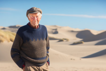 Portrait of a senior man standing in the middle of the dunesの素材