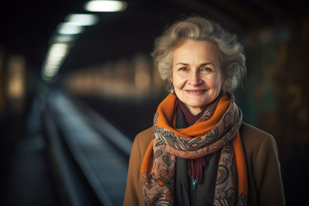 Portrait of a smiling senior woman in a subway station, looking at the camera.の素材