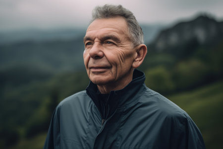 Portrait of a senior man standing in the mountains looking at the cameraの素材