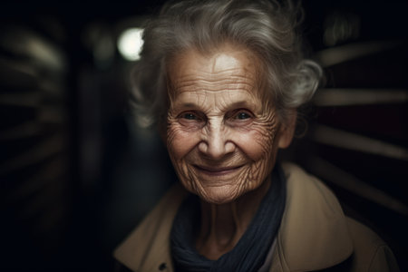 Portrait of a smiling senior woman on a dark background. Selective focus.の素材