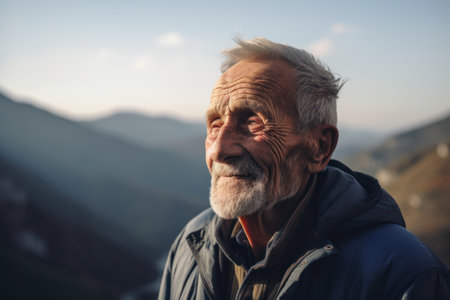 Portrait of an elderly man in the mountains. Elderly people.の素材