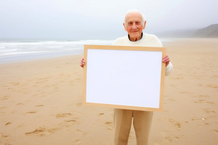 Senior man holding a blank placard at the beach on a foggy dayの素材