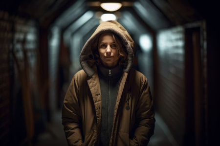 Portrait of a man in a coat in a dark tunnel.の素材