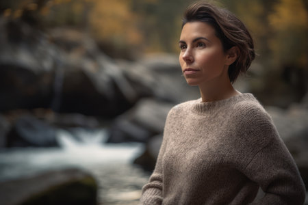 Portrait of a beautiful woman in autumn forest with waterfall in backgroundの素材