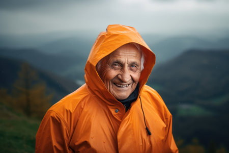 Senior man in orange raincoat smiling and looking at camera while standing in the mountainsの素材