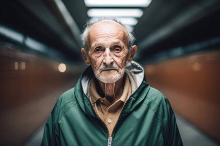 Portrait of an elderly man in a subway station. Select focus.の素材