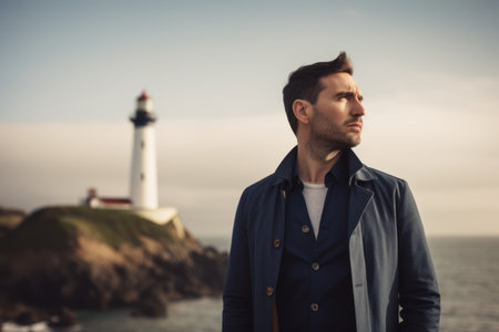 Portrait of a handsome man standing in front of a lighthouse at sunsetの素材
